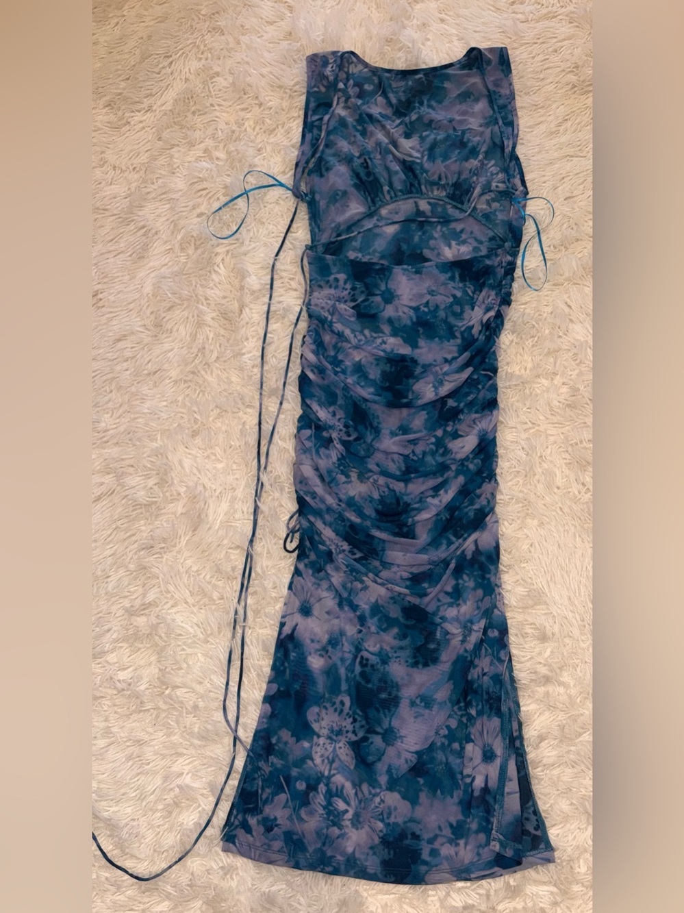 NEW FREE PEOPLE take me away mesh open back midi dress blue indigo combo sz S - Picture 6 of 8